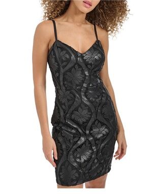 Siena Black Floral Lace Faux-Leather Bodycon Dress with Spaghetti Straps